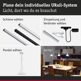 Anleitung zur Planung eines URail-Systems mit Schienen, Einspeisung, Verbindern und weißen Pendelleuchten.