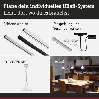 Anleitung zur Planung eines URail-Systems mit Schienen, Einspeisung, Verbindern und weißen Pendelleuchten.