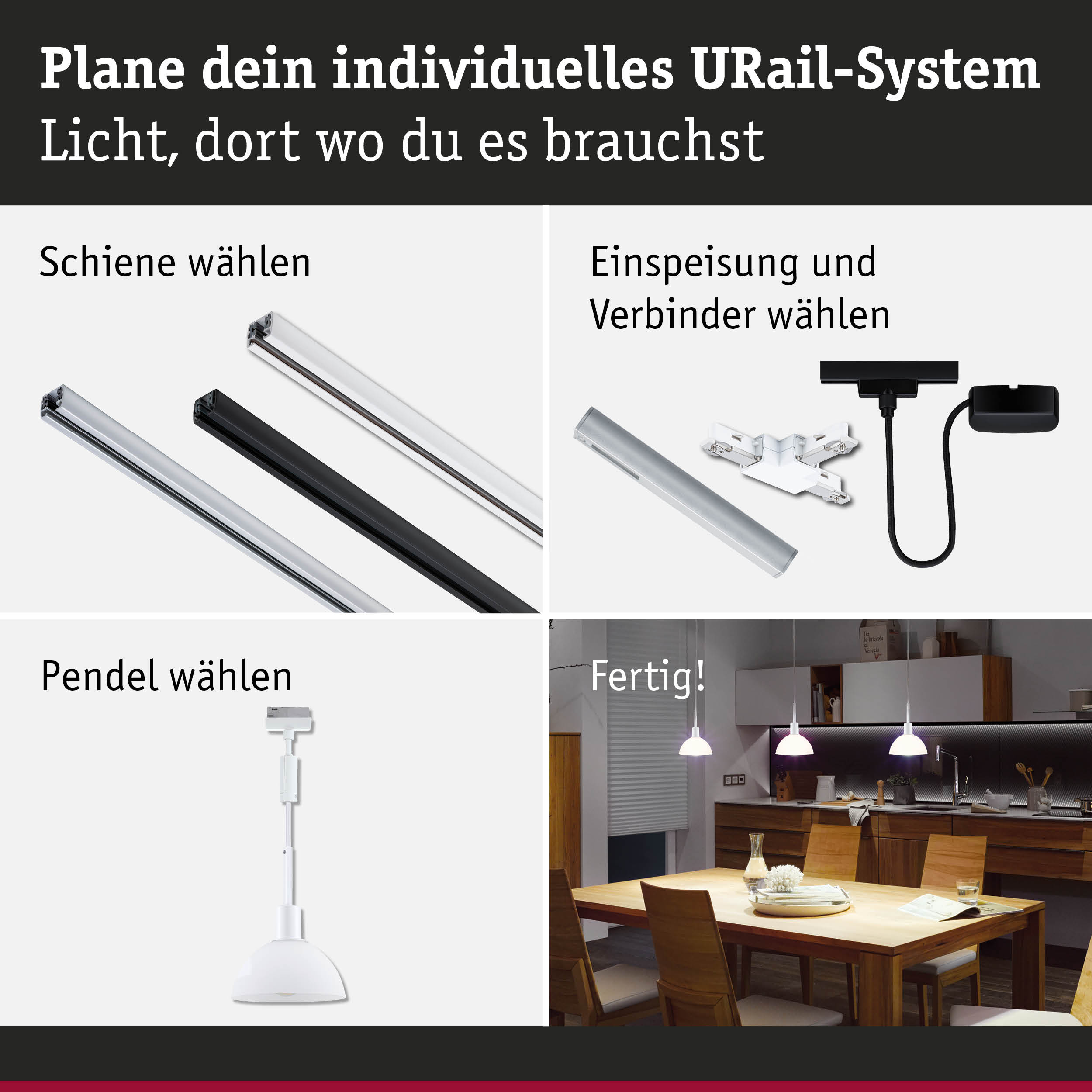 Modulares URail-Schienensystem in Schwarz und Weiß mit Pendelleuchte in moderner Küche
