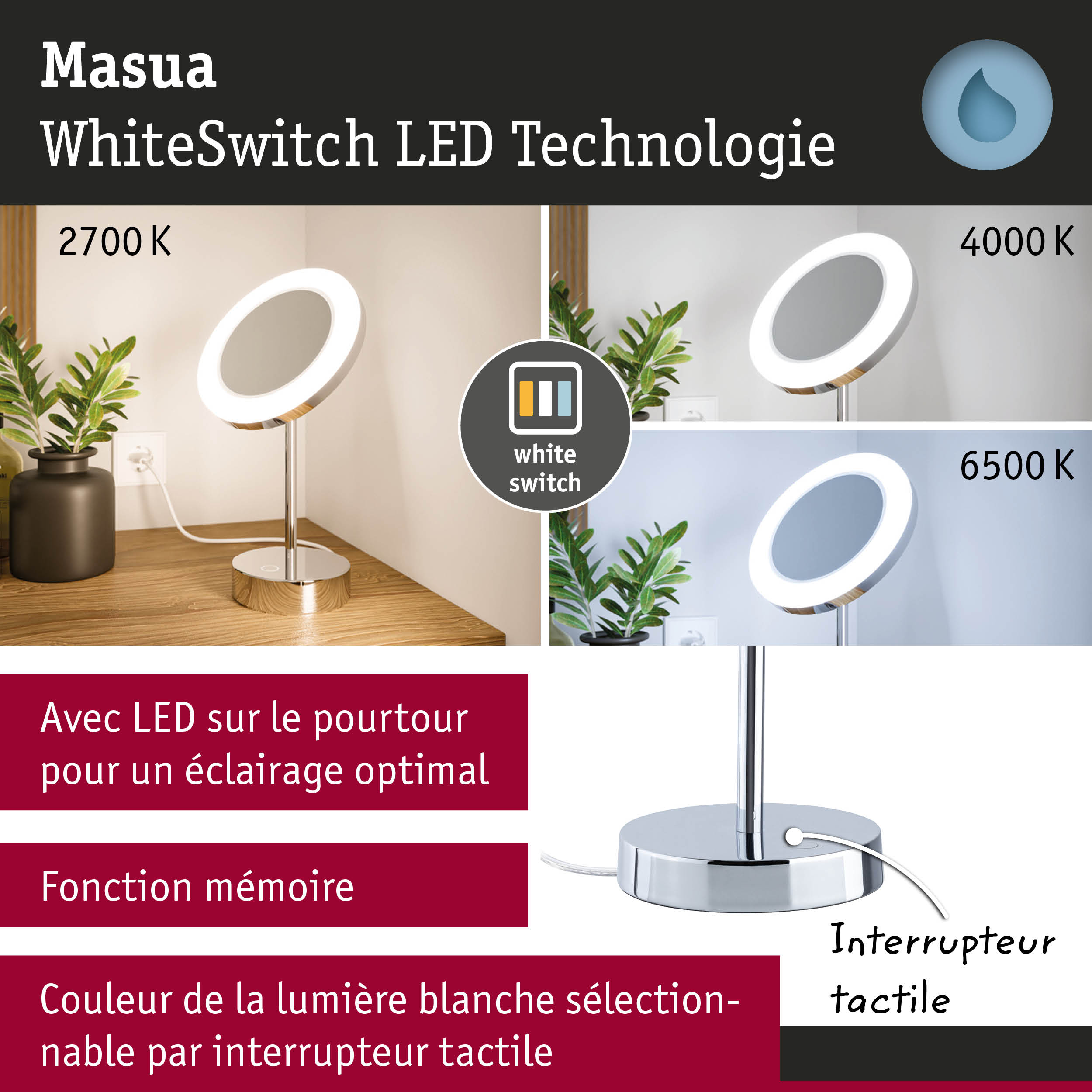 Lampe de bureau LED moderne avec technologie WhiteSwitch et couleur de lumière réglable de 2700K à 6500K