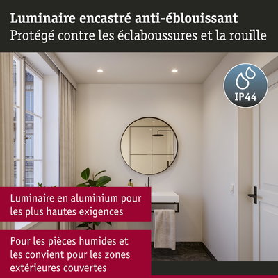 Luminaire encastré en aluminium anti-éblouissant IP44, adapté aux pièces humides et zones extérieures couvertes