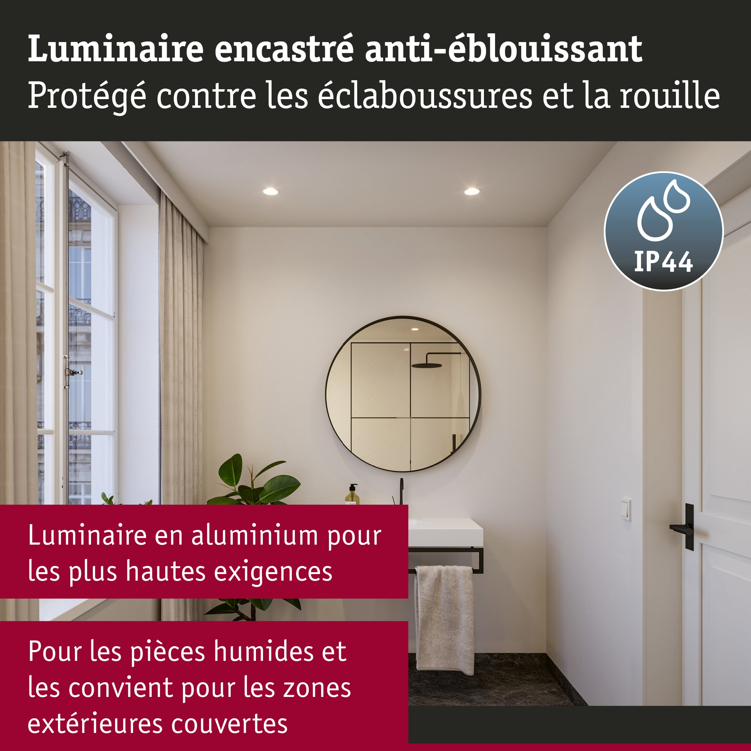 Luminaire encastré anti-éblouissant en aluminium avec protection IP44 pour pièces humides et extérieurs
