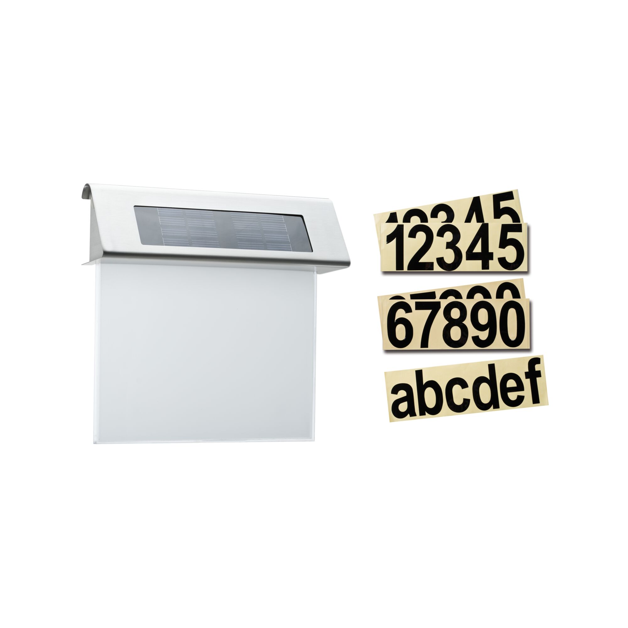 Stainless steel solar house number with white panel and black number and letter stickers for outdoor use