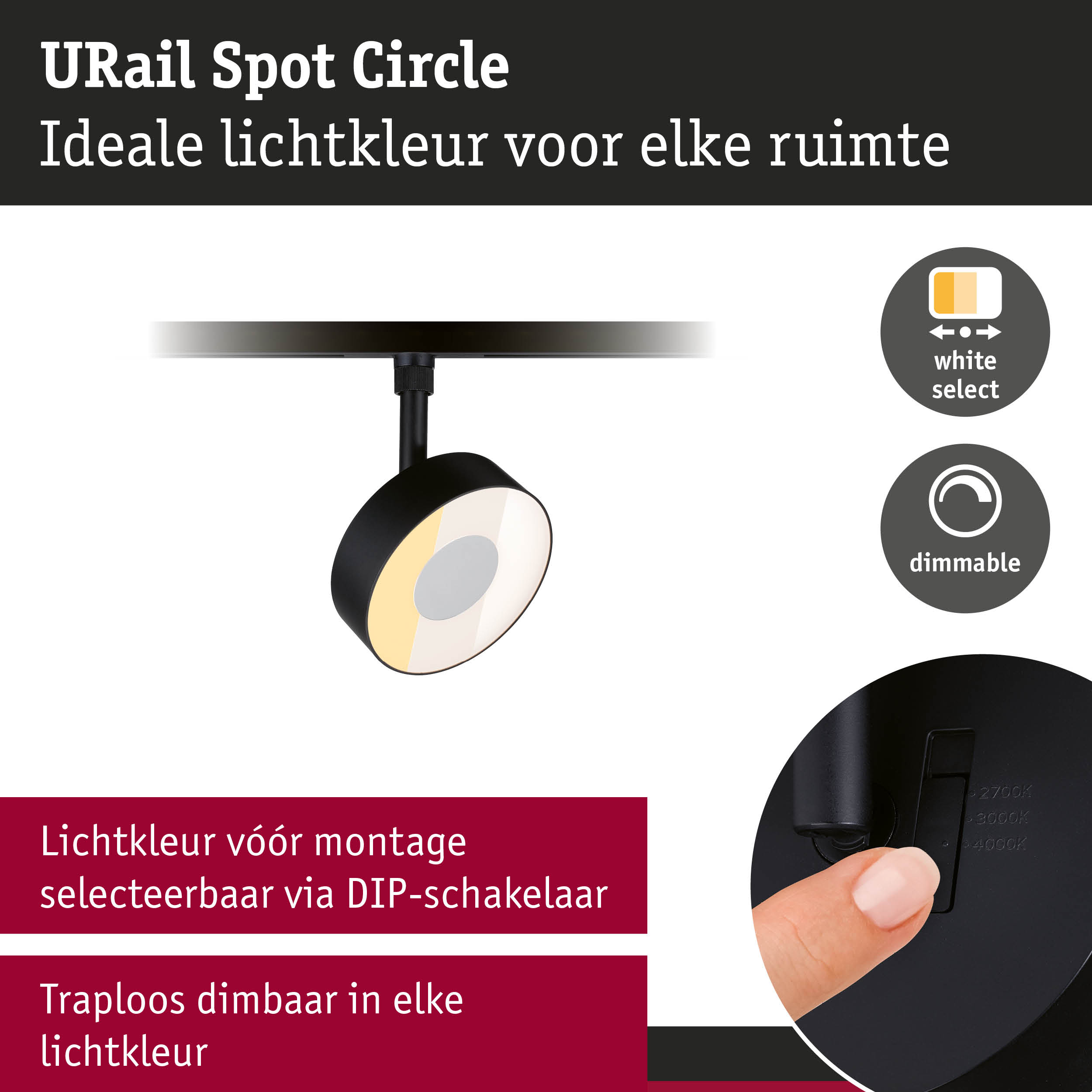 Zwarte URail Spot Circle spot met dimbare lichtkleur en DIP-schakelaar voor aanpasbare verlichting