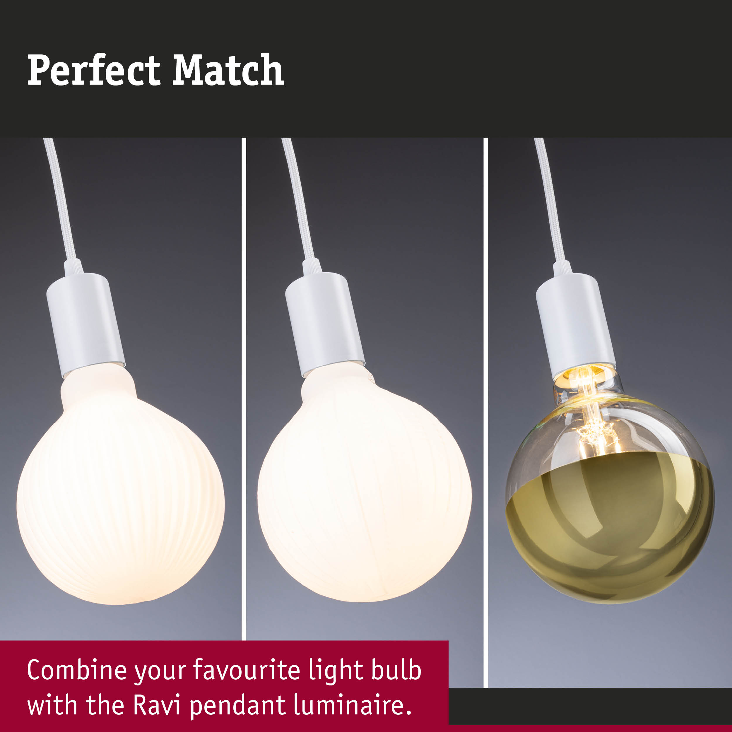 Three white pendant luminaires with different light bulbs on white cords against dark background