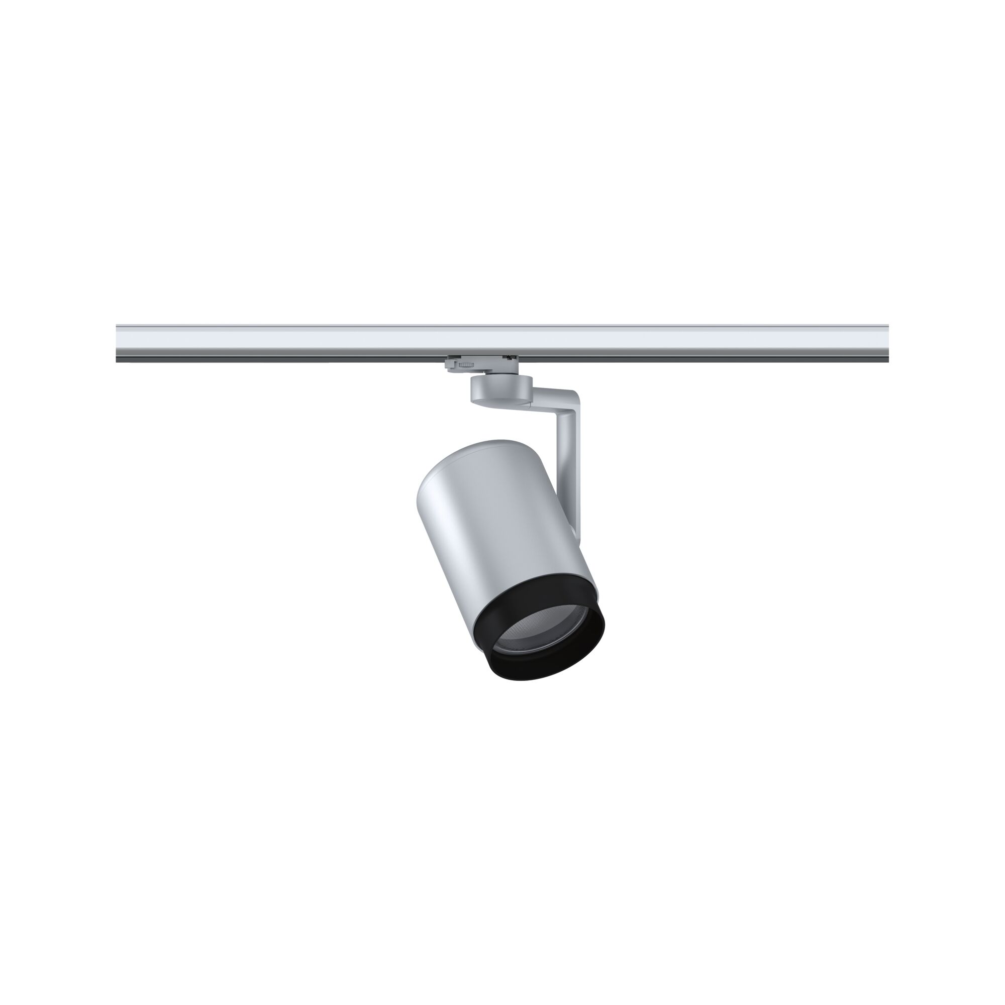 Moderner silberner LED-Strahler aus Metall an Schienensystem für flexible Beleuchtung