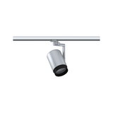 Moderner silberner LED-Strahler aus Metall an Schienensystem für flexible Beleuchtung