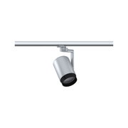 Moderner silberner LED-Strahler aus Metall an Schienensystem für flexible Beleuchtung