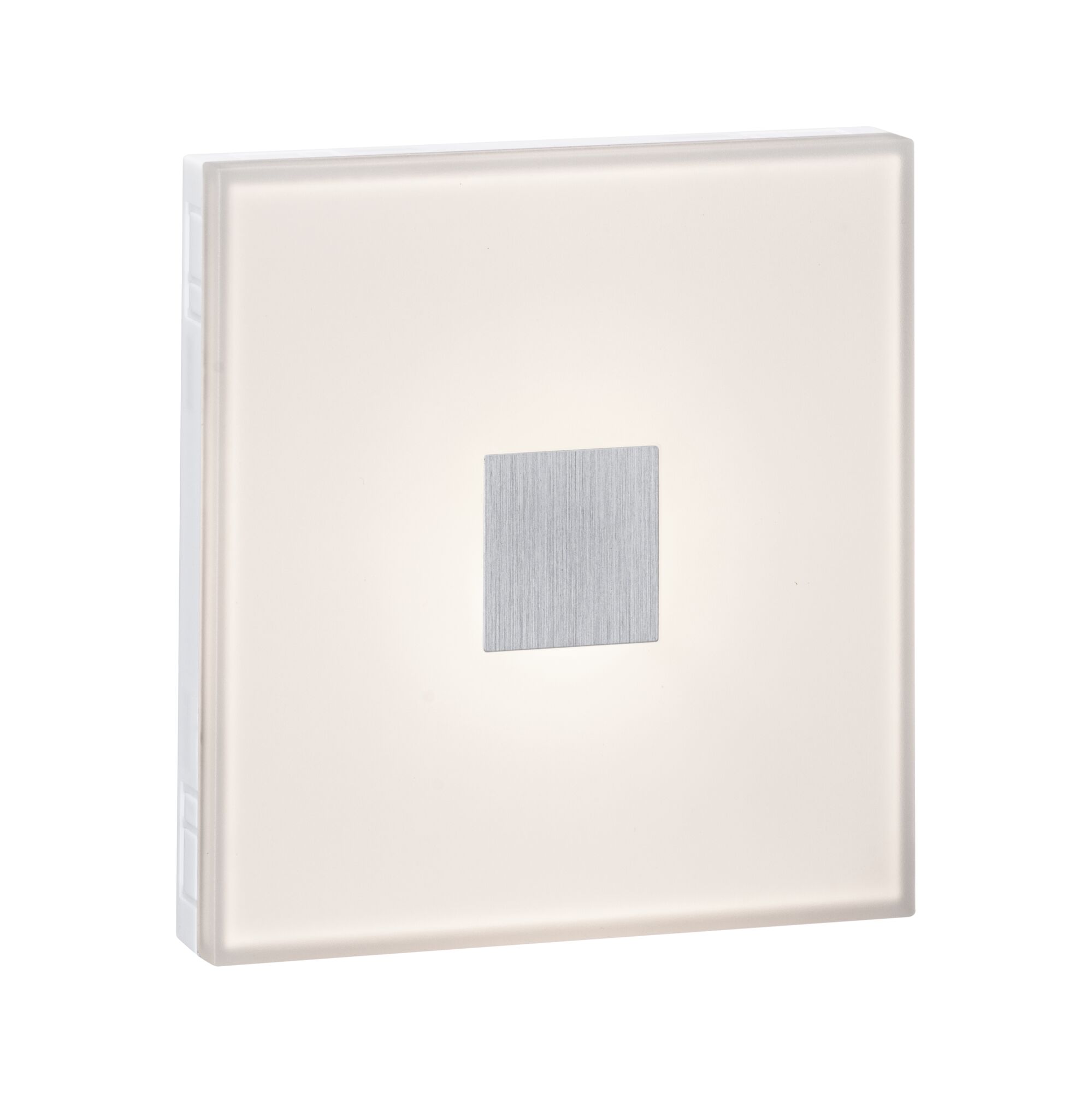 Vierkante wandlamp van wit kunststof met zilverkleurig aluminium detail, moderne LED-verlichting