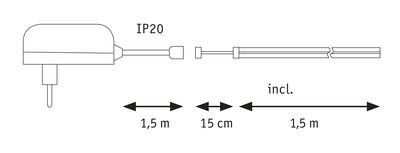 Technical drawing of white power adapter with 1.5 m cable and IP20 protection rating