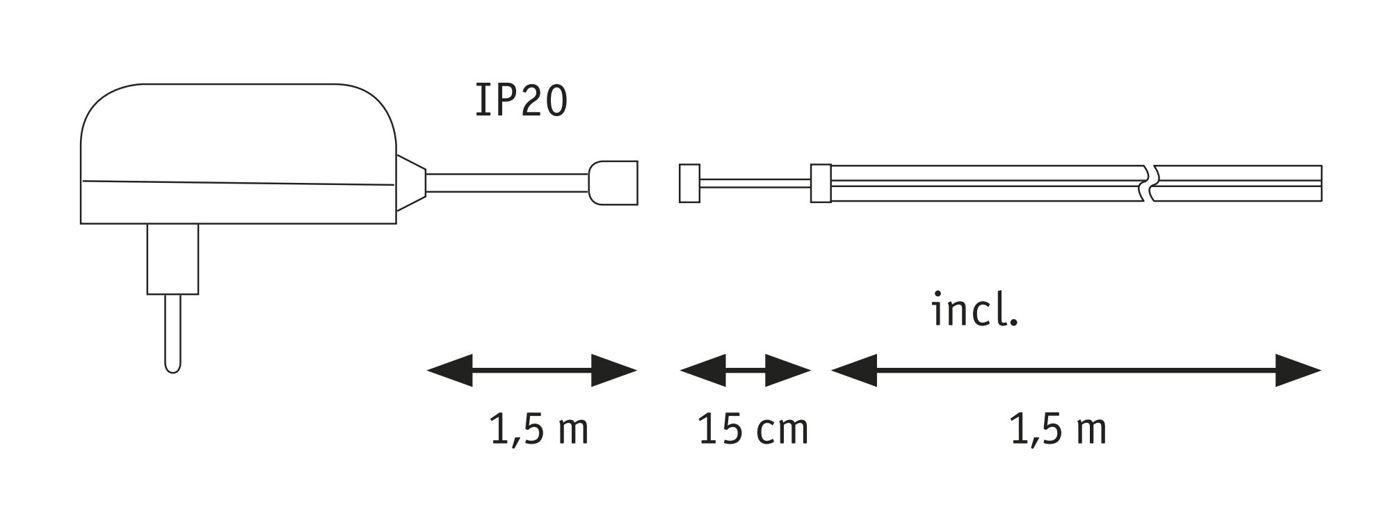 Technische Zeichnung eines weißen Steckernetzteils mit 1,5 m Kabel und IP20 Schutzart