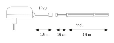 Technische Zeichnung eines weißen Steckernetzteils mit 1,5 m Kabel und IP20 Schutzart