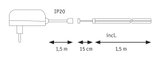 Technical drawing of white power adapter with 1.5 m cable and IP20 protection rating