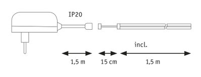 Technical drawing of white power adapter with 1.5 m cable and IP20 protection rating