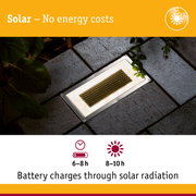 Solar-powered outdoor light with built-in battery and energy-saving LED on grey pavement