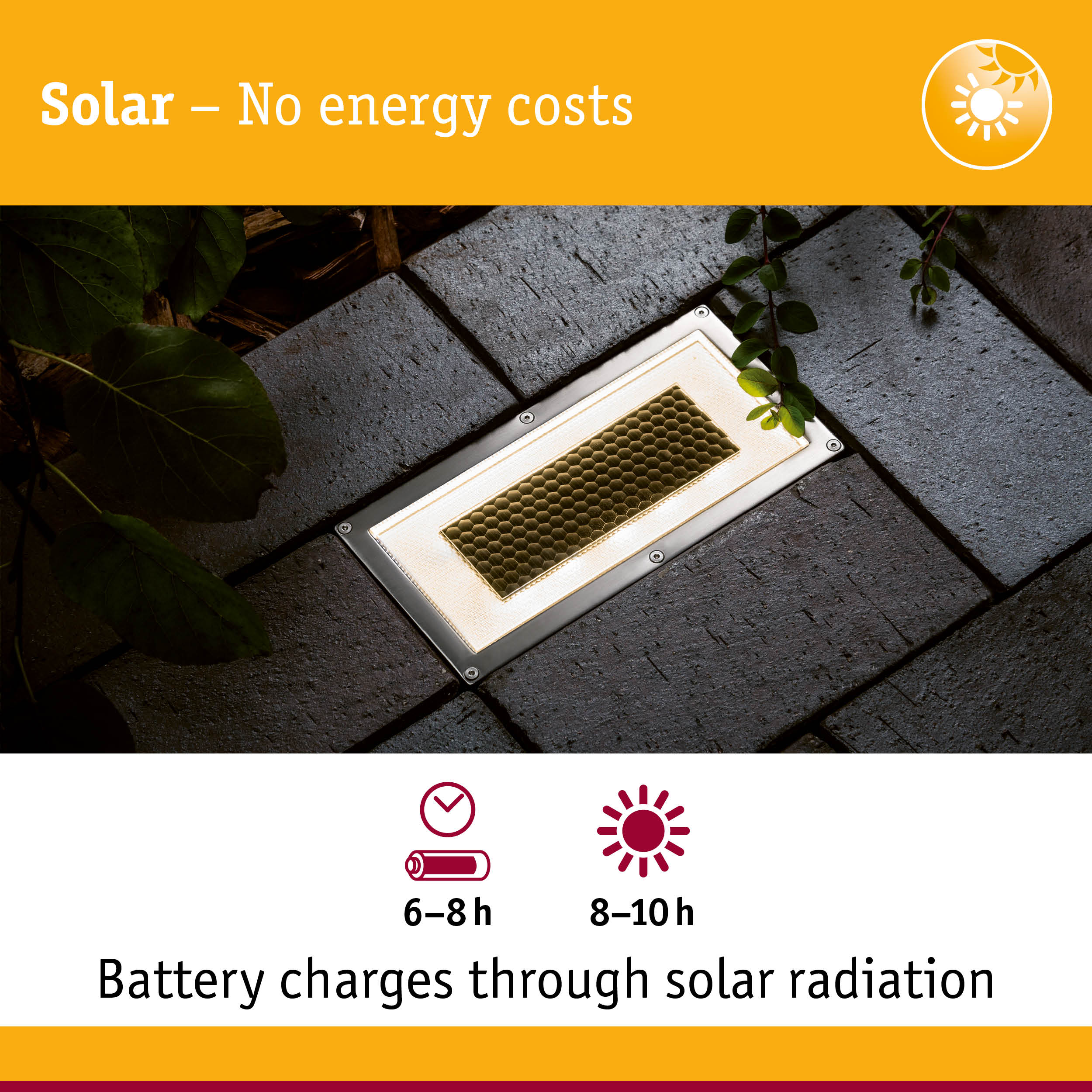 Solar-powered outdoor light with built-in battery and energy-saving LED on grey pavement