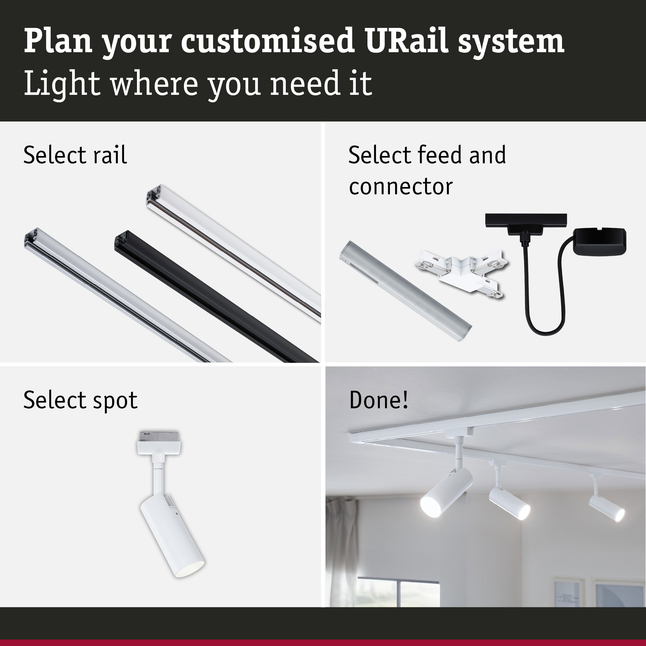 Modular URail track system with white and black rails, connectors, and LED spotlights for custom lighting