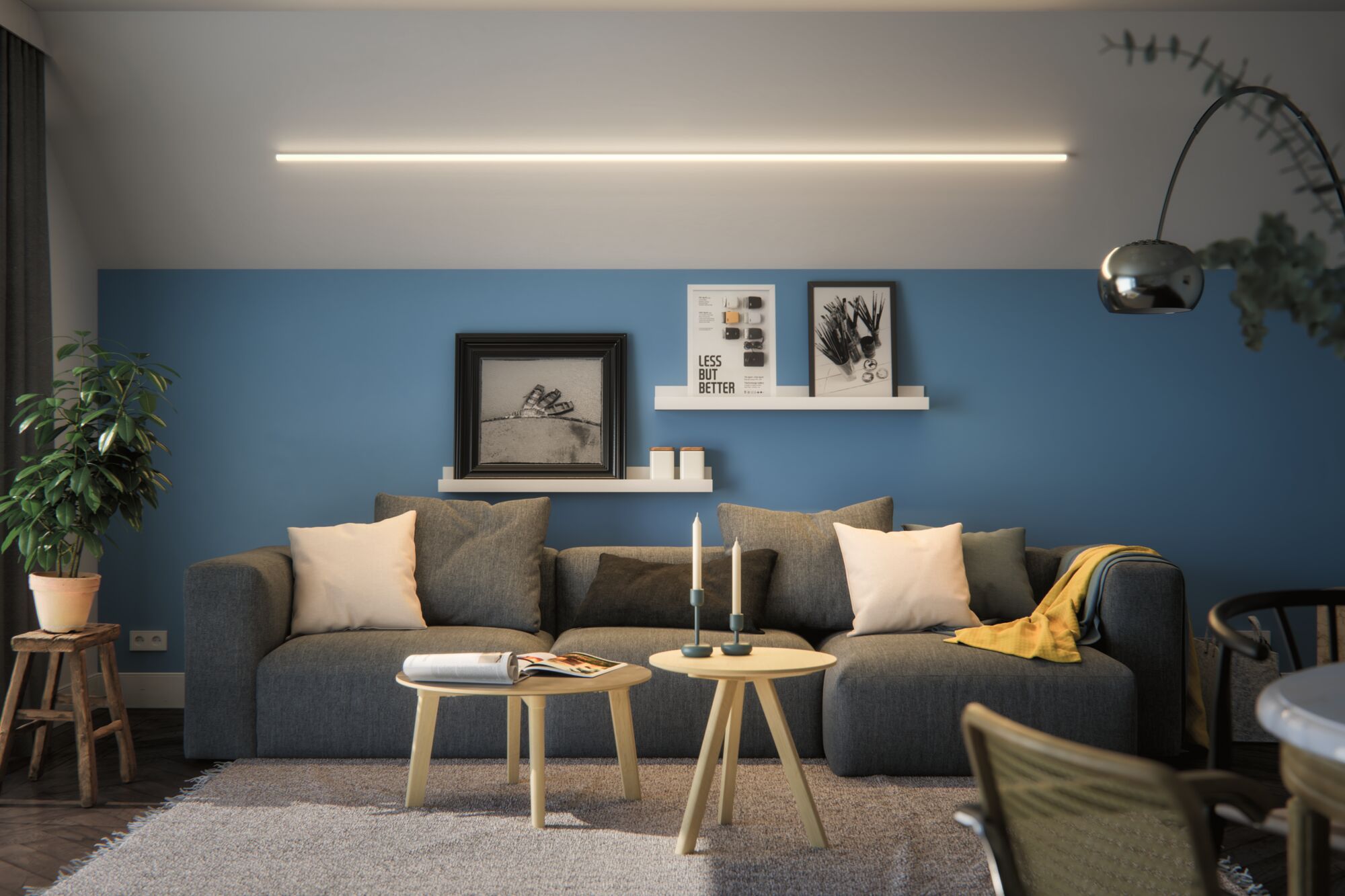 Salon moderne avec canapé gris, mur bleu et lampe LED minimaliste au plafond pour éclairage d'ambiance