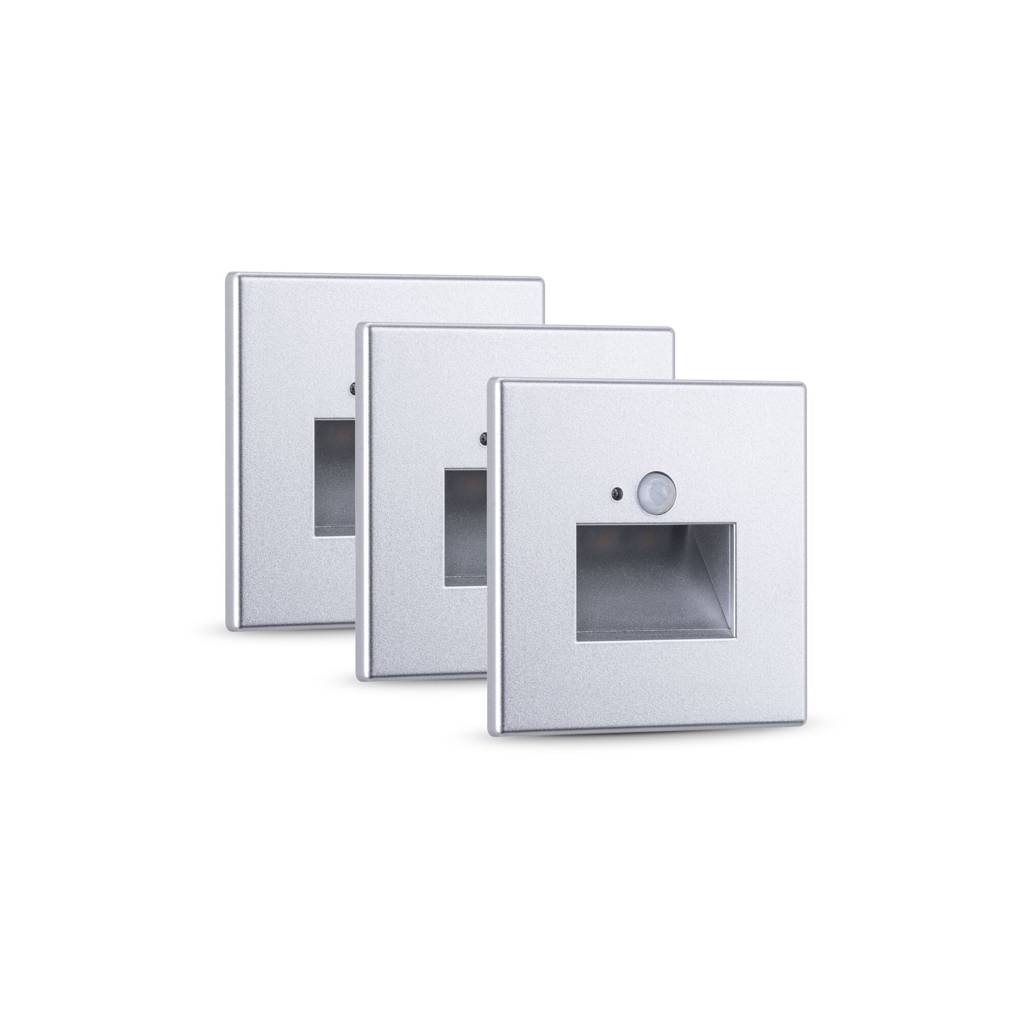 Kit Encastré mural LED Edge Kit de 3 80x80mm 3x1,2W 3x25lm 230V 2700K Chrome mat Trois appliques murales encastrées en aluminium argenté avec détecteur de mouvement et éclairage LED intérieur