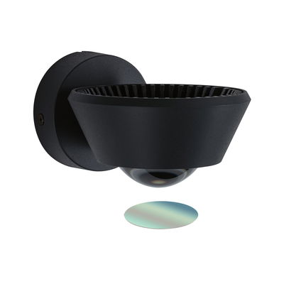 Black metal wall light with conical shape and separate glass reflector for modern indoor lighting