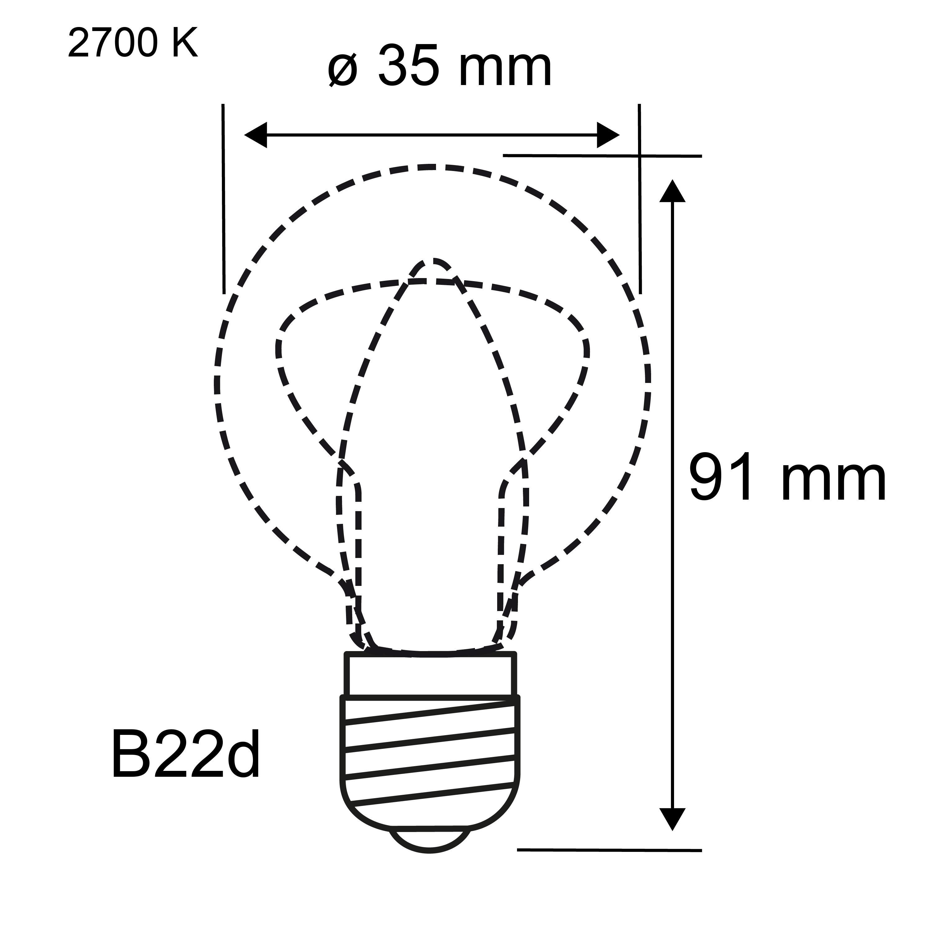 Teknisk tegning af B22d LED-pære med 35 mm diameter, 91 mm højde og 2700 K varm lysfarve