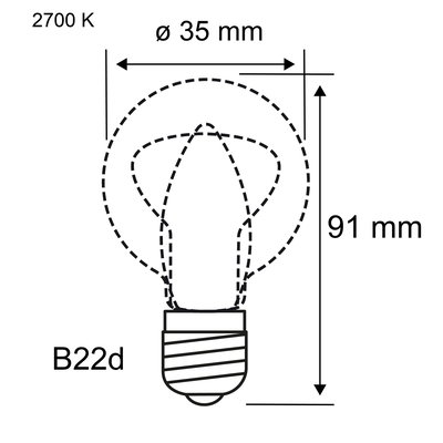 Teknisk tegning af B22d LED-pære med 35 mm diameter, 91 mm højde og 2700 K varm lysfarve