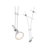 Zilveren LED-spotjes met metalen klemmen en transparante kabels voor moderne verlichting