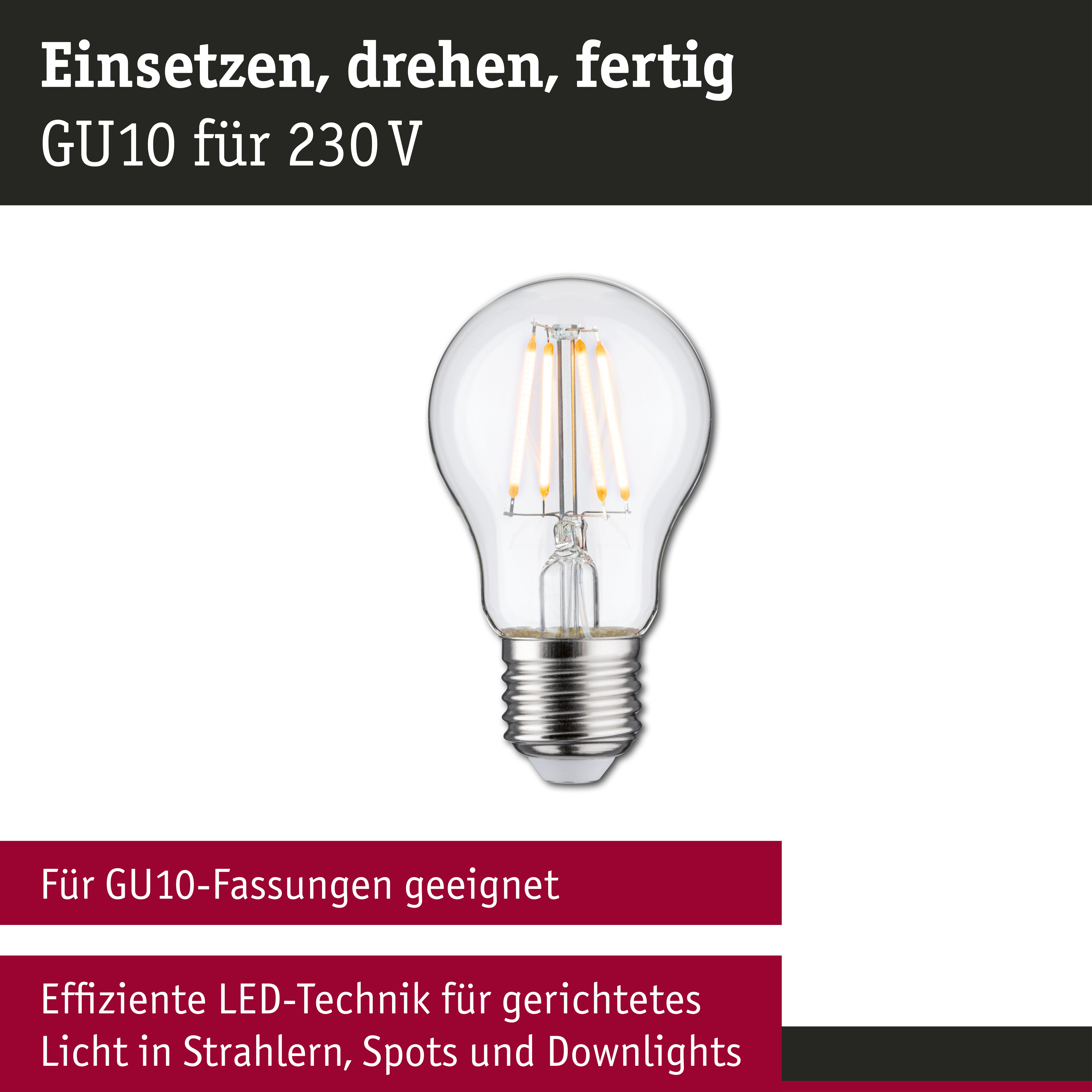 Filament 230V LED Birne E27 insektenfreundlich 420lm 4,3W 2200K Klar