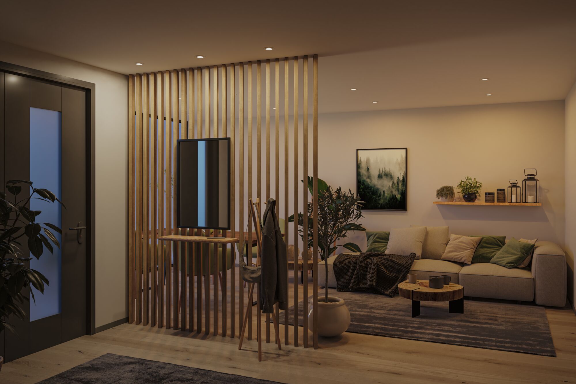 Modernes Wohnzimmer mit Holzlamellen-Trennwand, beigem Sofa und warmweißen LED-Einbaustrahlern