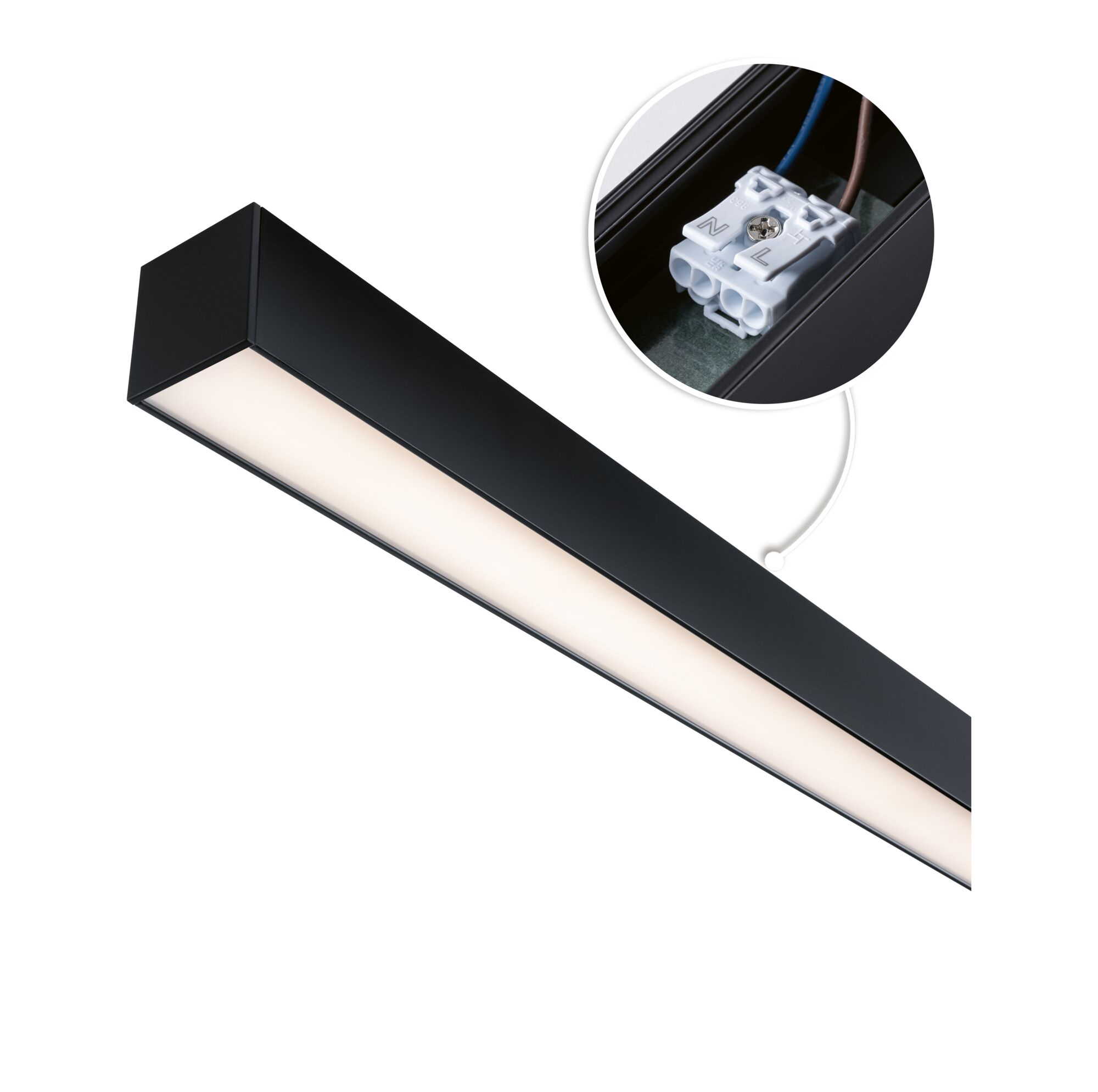 Linion Power Supply Power Channel 230/24V 17W Signal black 1m Black metal LED ceiling light with diffused panel and wiring detail for modern indoor lighting solutions