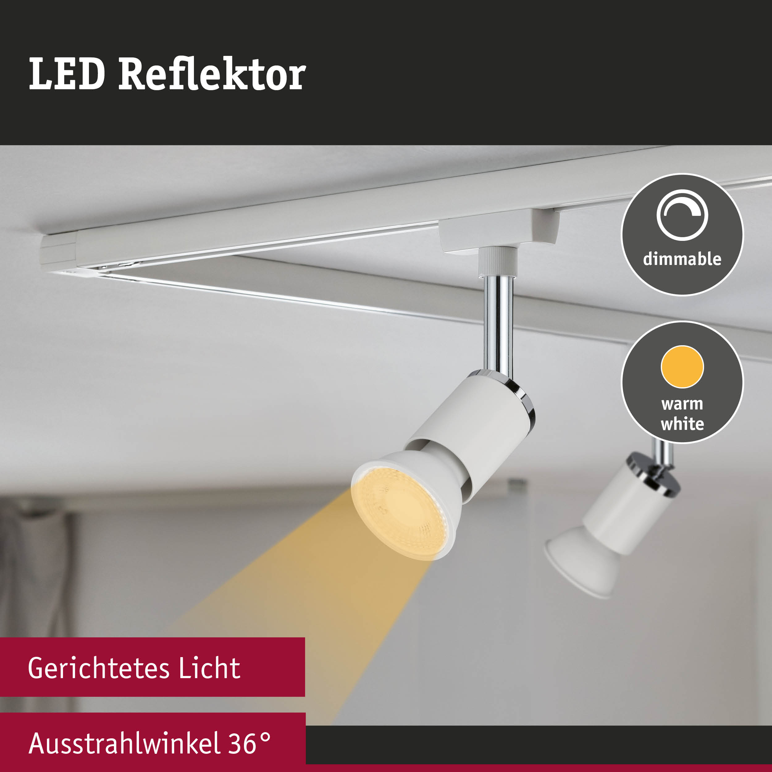 Weißer LED Reflektor mit dimmbarer warmweißer Beleuchtung und 36° Ausstrahlwinkel für gezieltes Licht