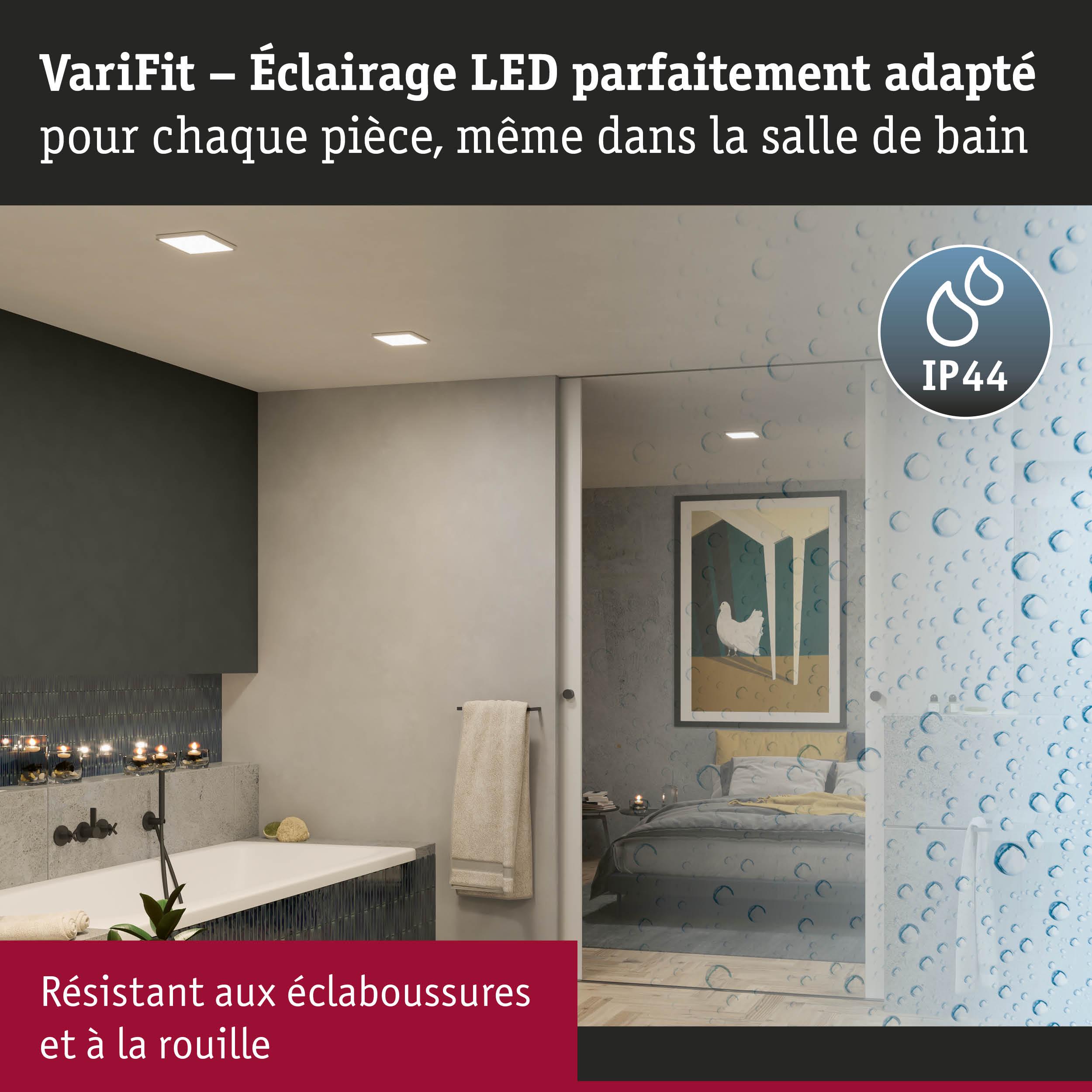 Éclairage LED encastré VariFit blanc, résistant aux éclaboussures et à la rouille, idéal pour salle de bain