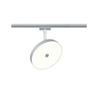Round silver LED track light with white diffuser for modern indoor lighting