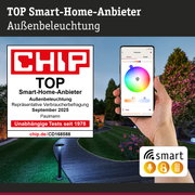 Smart-Home-Auszeichnung für Außenbeleuchtung mit App-Steuerung und Sprachsteuerungssymbolen