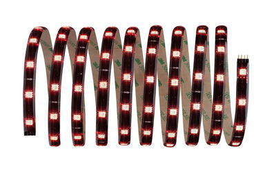 Flexibler LED-Lichtstreifen mit roten LEDs und selbstklebender Rückseite für vielseitige Beleuchtung.