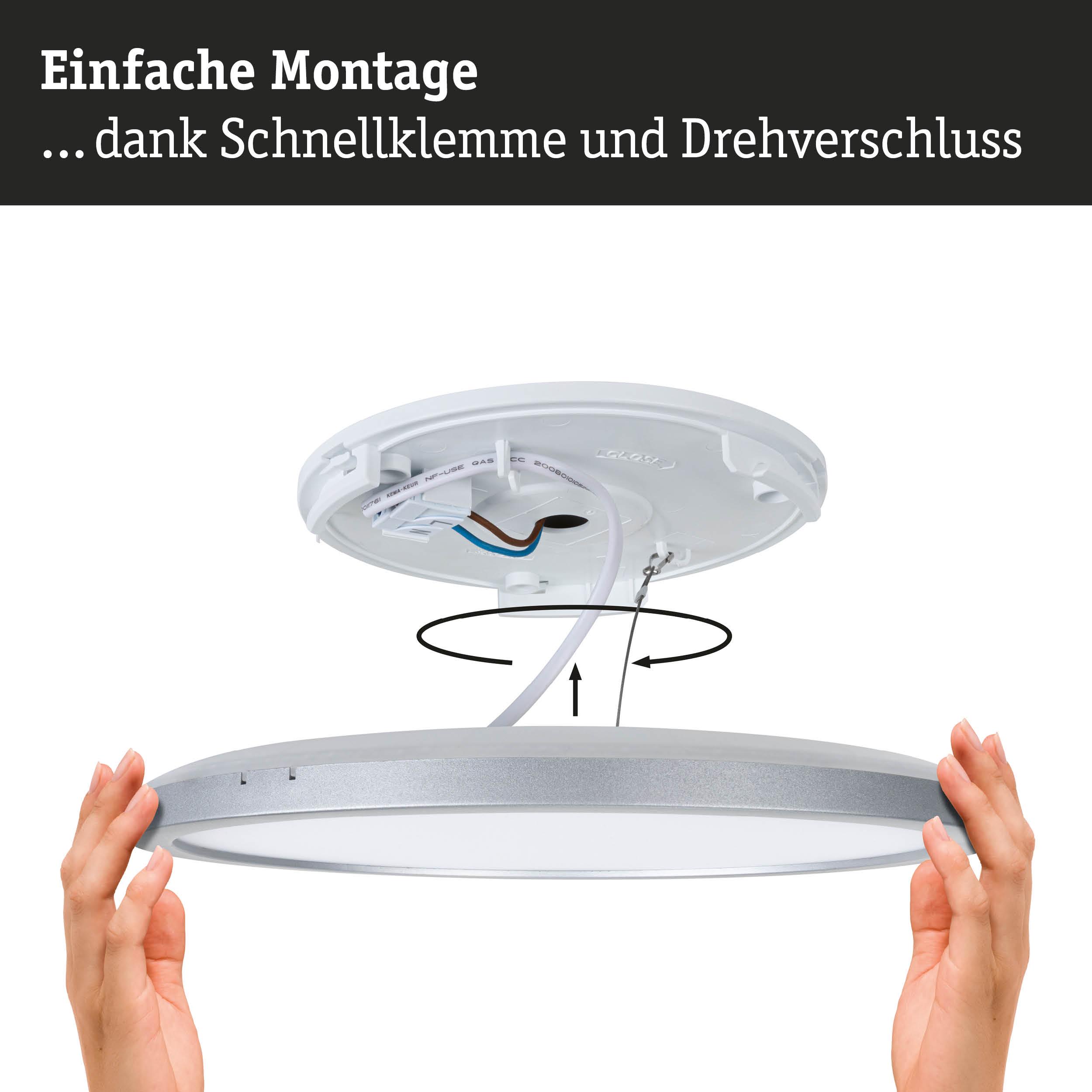 Montage einer runden LED-Deckenleuchte mit Schnellklemme und Drehverschluss in Weiß und Silber