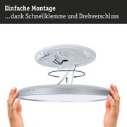 Runde weiße LED-Deckenleuchte mit silbernem Rand und einfacher Montage dank Schnellklemme