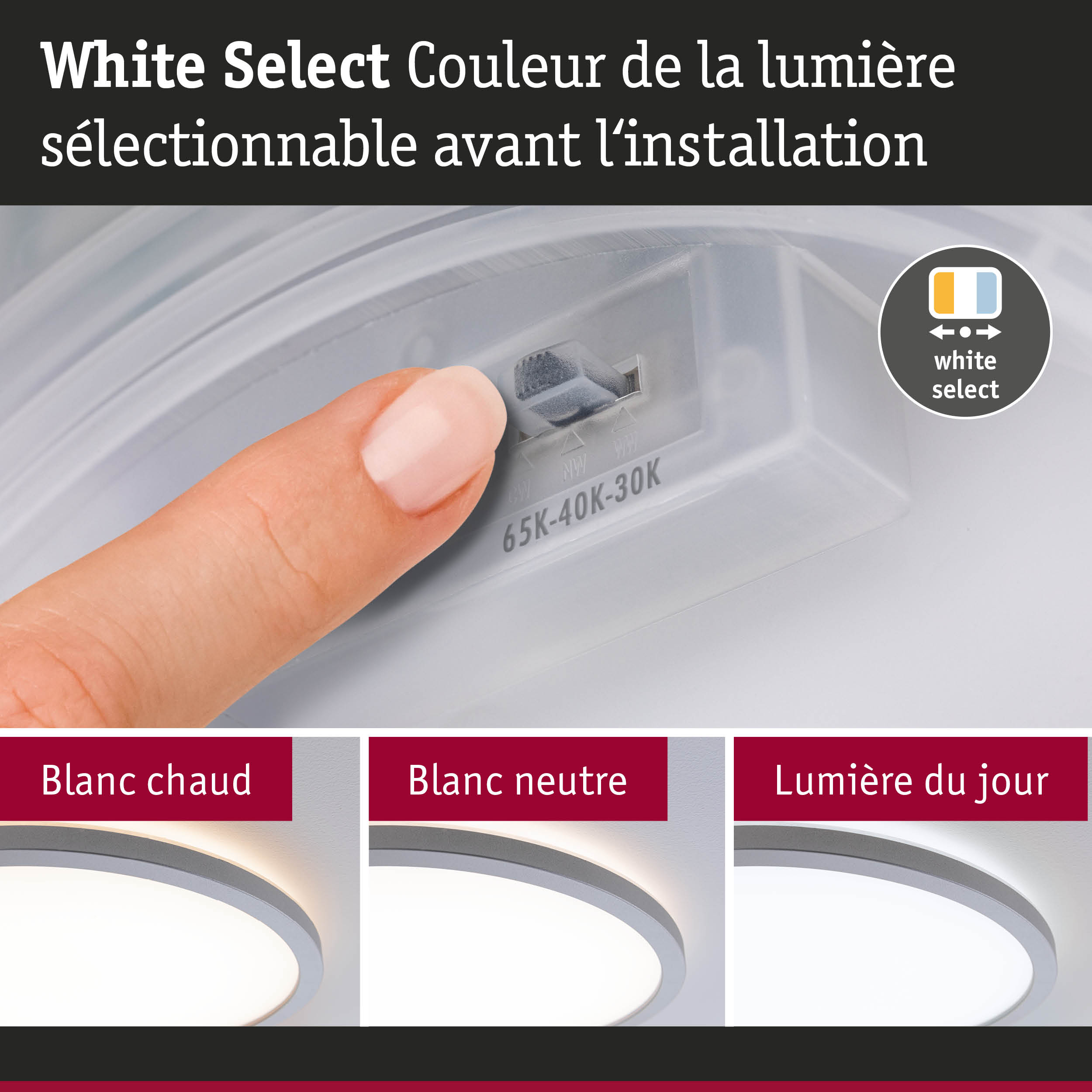 Main réglant la couleur de lumière blanche sur un éclairage LED en plastique avec choix de tons blancs
