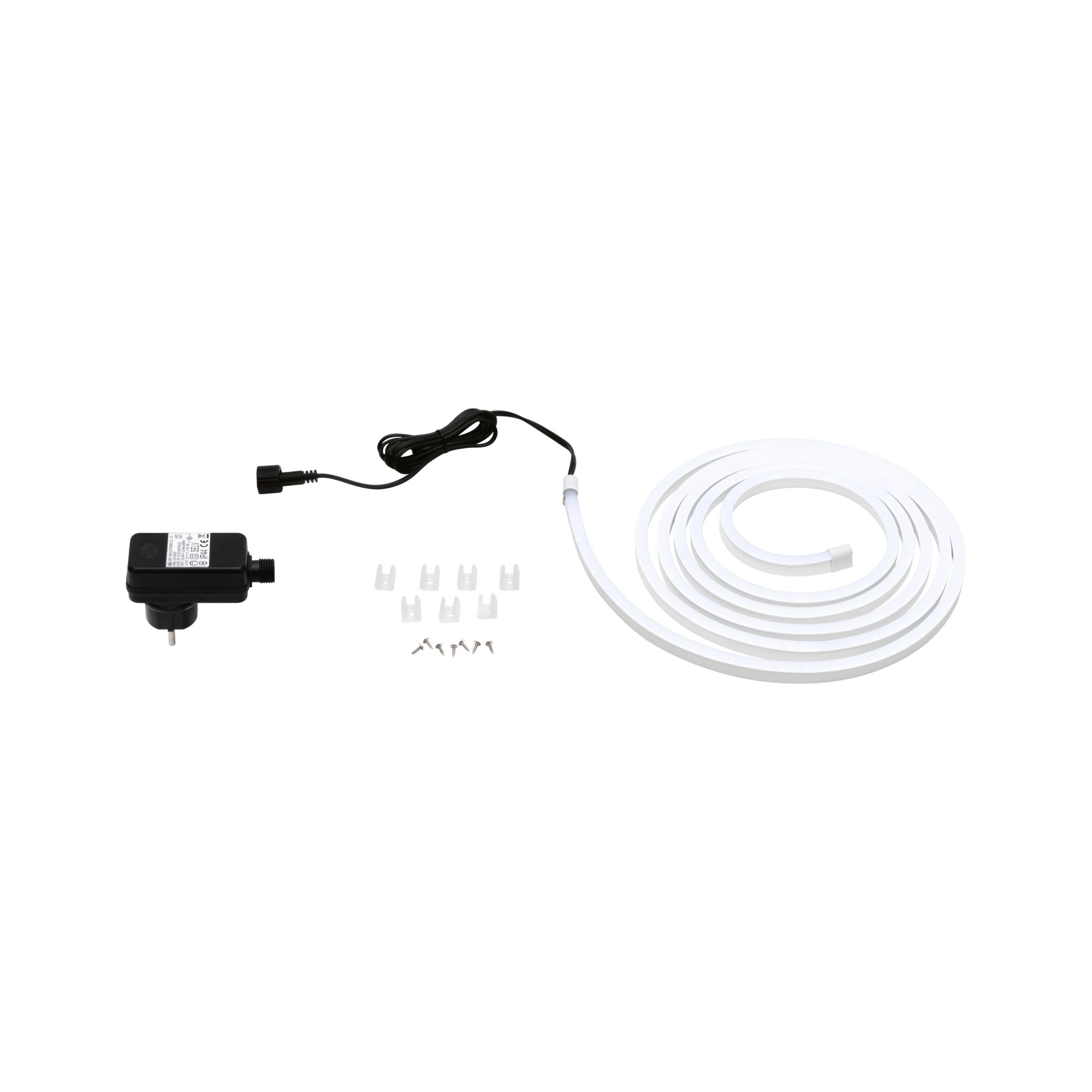 White LED strip with power adapter and mounting clips for flexible indoor lighting accents