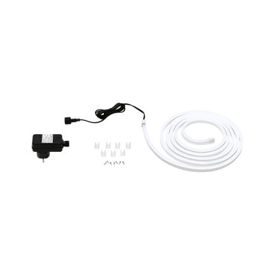 White LED strip with power adapter and mounting clips for flexible indoor lighting accents