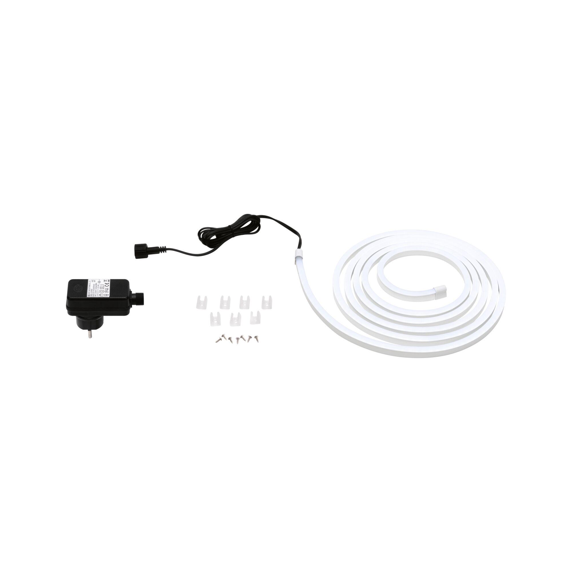 White LED strip with black power adapter and mounting clips for versatile lighting setups