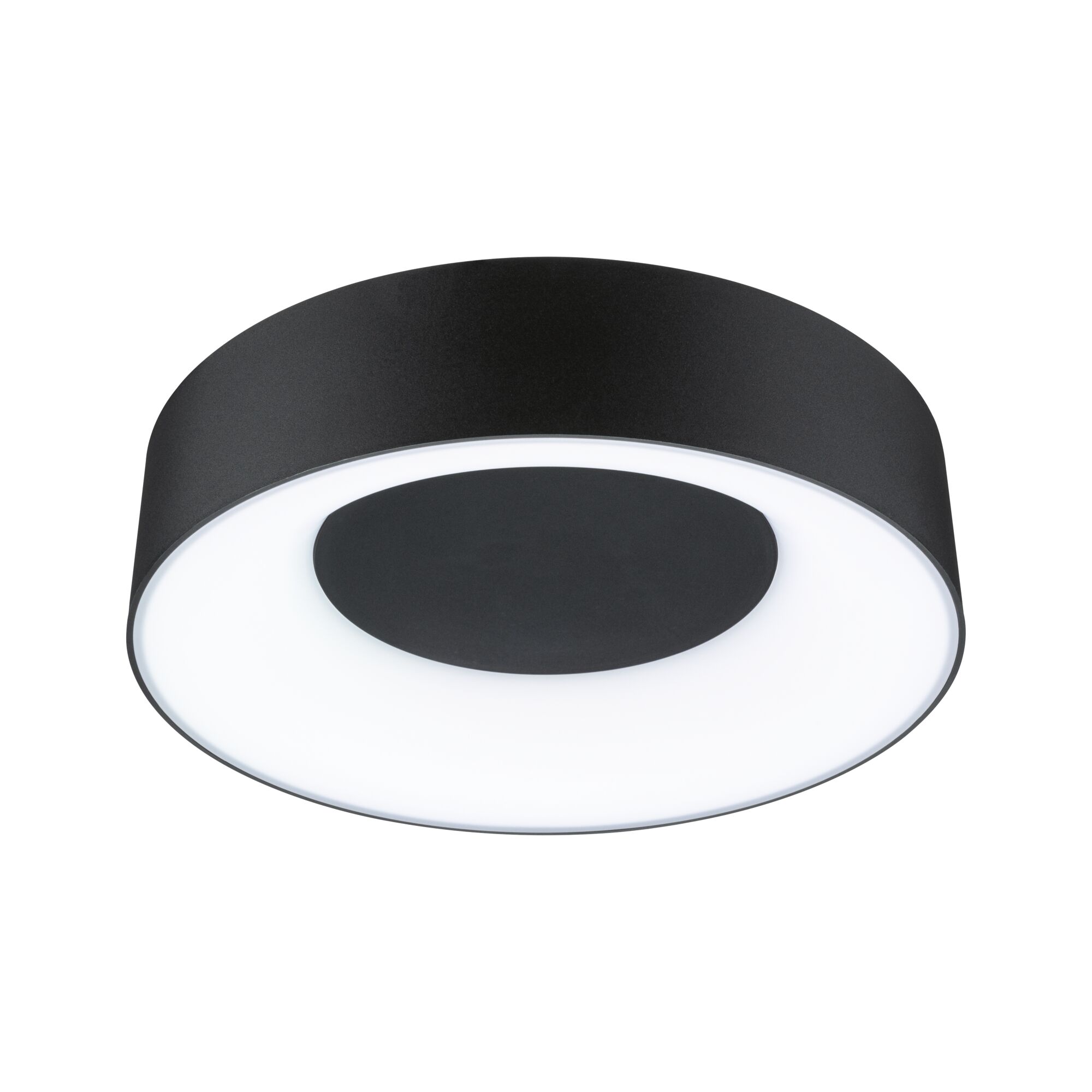 Round black metal LED ceiling light with white diffuser for modern interior lighting