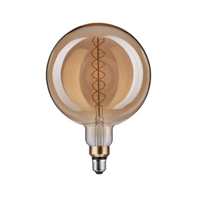 Große runde LED-Glühbirne mit bernsteinfarbenem Glas und sichtbarem Spiralfaden für dekorative Beleuchtung