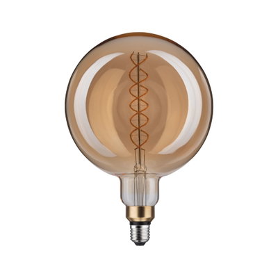Large round LED bulb with amber glass and visible spiral filament for decorative lighting