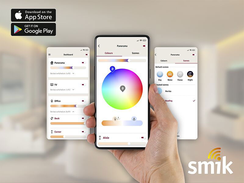 Smartphone app controlling colorful LED lighting and scenes in living spaces for smart home.