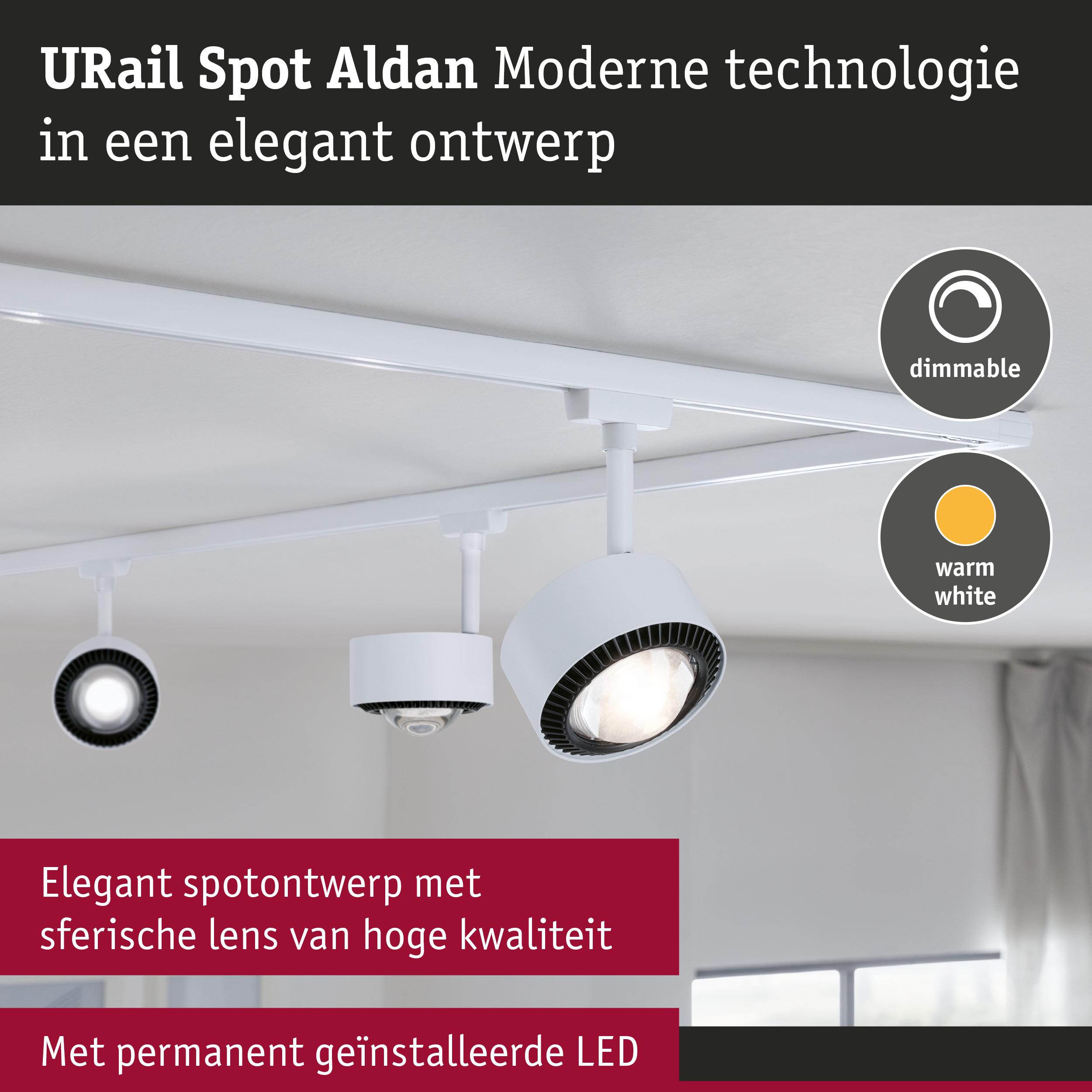 Witte URail Spot Aldan LED-spot met dimbare warmwitte verlichting en hoogwaardige sferische lens