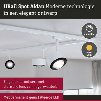 Witte URail Spot Aldan LED-spot met dimbare warmwitte verlichting en hoogwaardige sferische lens