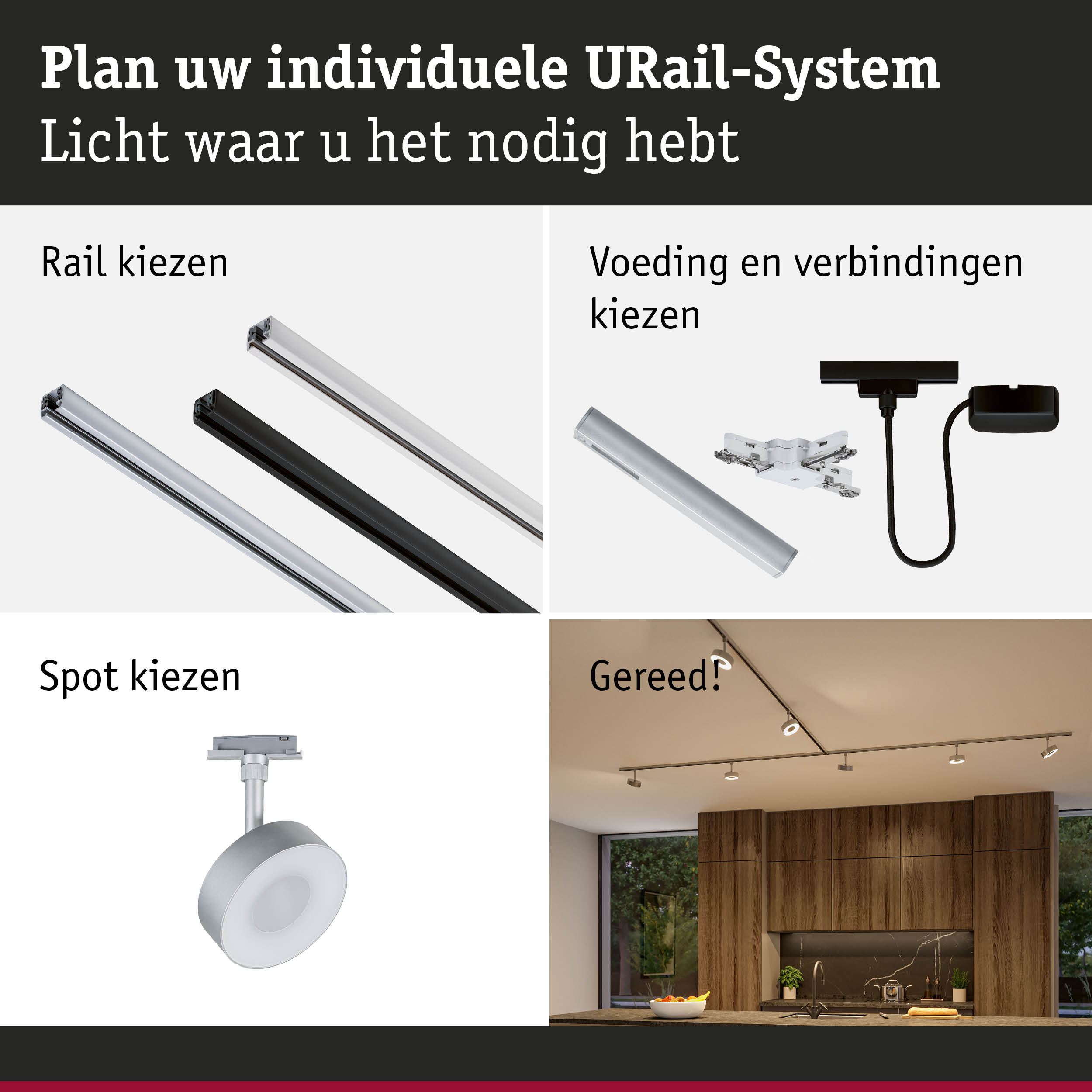 Modulair URail-systeem met aluminium rails in zwart en wit voor flexibele LED-verlichting