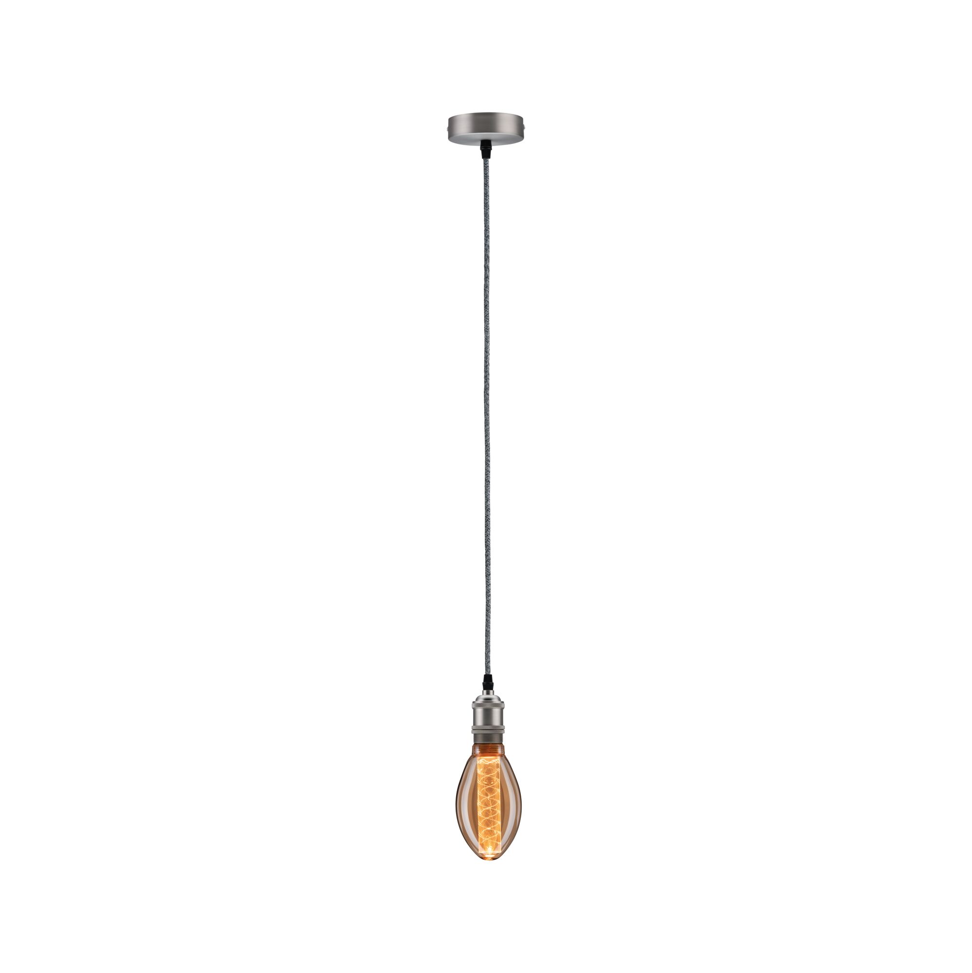 Pendant lamp with warm LED bulb and silver metal holder, modern lighting for living spaces