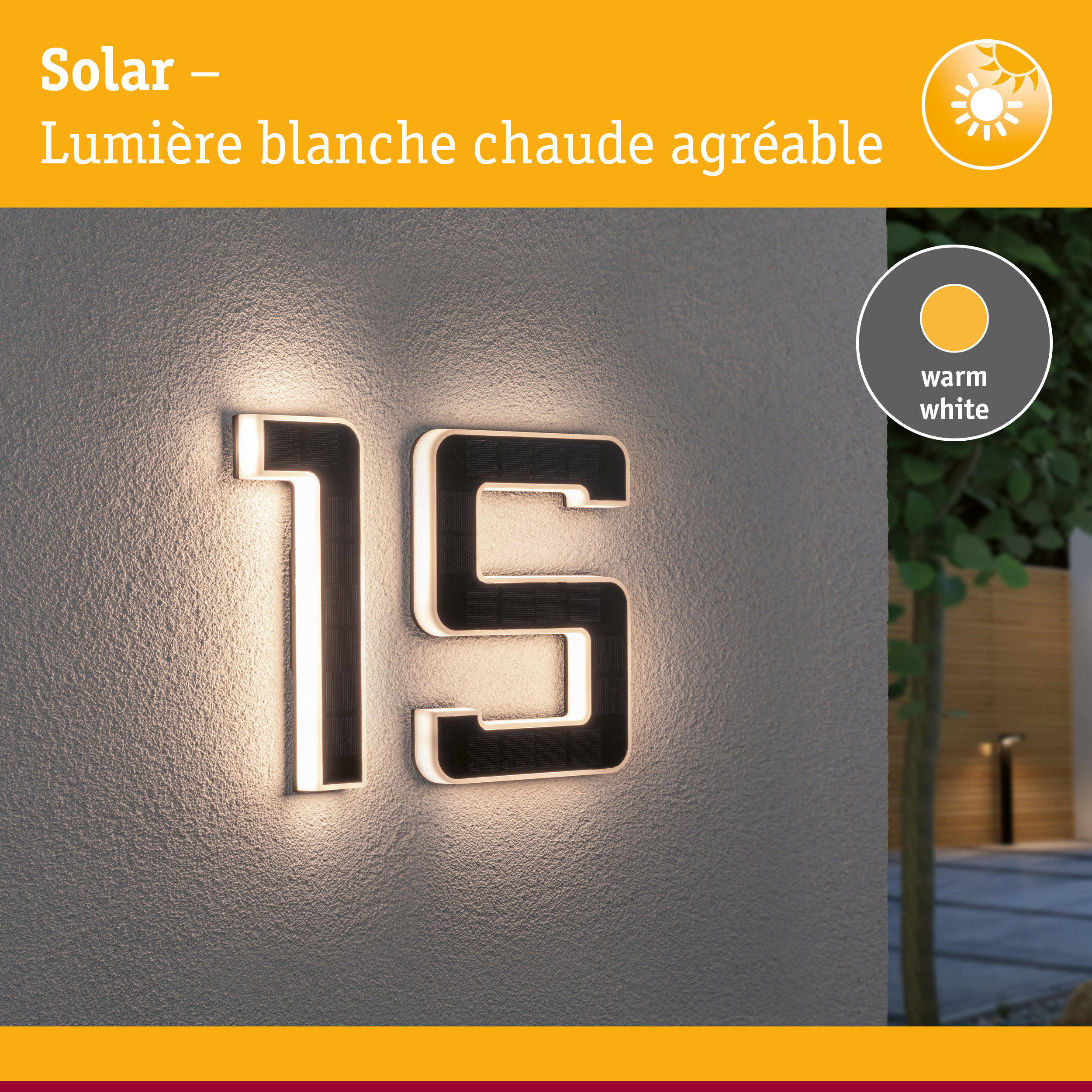 Numéro de maison solaire 15 avec lumière LED blanc chaud sur mur gris pour éclairage extérieur